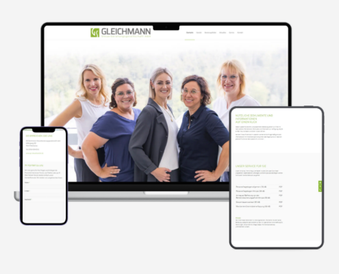 Responsive Darstellung der Website von Gleichmann Steuerberatung auf Laptop, Tablet und Smartphone; auf dem Laptop ist ein Foto des fünfköpfigen Teams zu sehen.